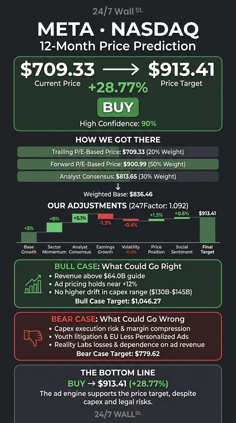 An infographic titled 'META • NASDAQ 12-Month Price Prediction' shows a current price of $709.33 moving to a price target of $913.41, representing a +28.77% increase with a BUY recommendation and 90% high confidence. A section 'HOW WE GOT THERE' lists a Trailing P/E-Based Price of $709.33 (20% Weight), Forward P/E-Based Price of $900.99 (50% Weight), and Analyst Consensus of $813.65 (30% Weight), leading to a Weighted Base of $836.46. 'OUR ADJUSTMENTS (247Factor: 1.092)' is represented by a bar chart showing percentage adjustments: Base Growth +5%, Sector Momentum +8%, Analyst Consensus +5.1%, Earnings Growth -1.3%, Volatility -0.4%, Price Position +1.5%, Social Sentiment +0.6%, leading to the Final Target of $913.41. A 'BULL CASE' box lists three points and a target of $1,046.27. A 'BEAR CASE' box lists three points and a target of $779.62. The 'BOTTOM LINE' section reiterates BUY → $913.41 (+28.77%) and provides a summary statement. The infographic is sourced from 24/7 Wall St.