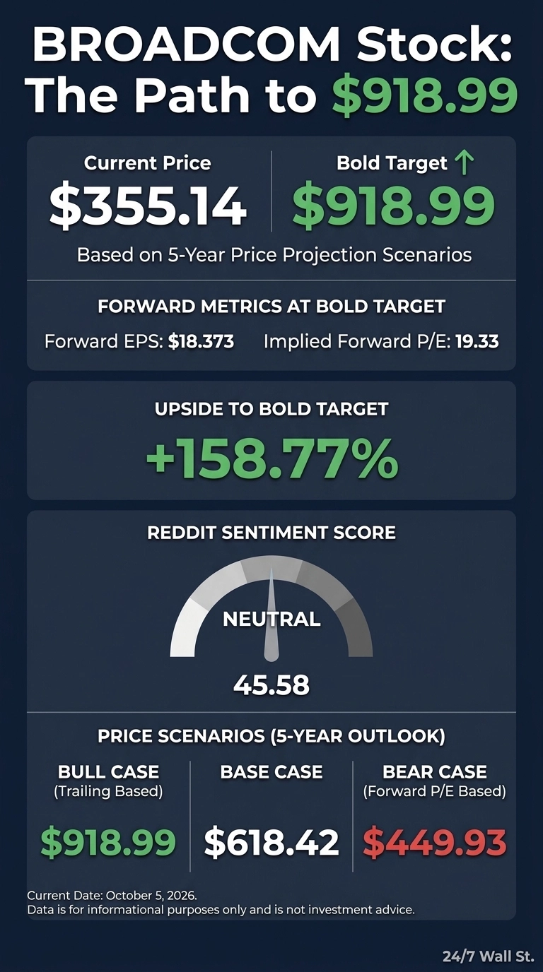 An infographic titled 'BROADCOM Stock: The Path to $918.99'. It displays 'Current Price $355.14' and 'Bold Target $918.99', both based on 5-Year Price Projection Scenarios. Below are 'Forward Metrics at Bold Target' showing 'Forward EPS: $18.373' and 'Implied Forward P/E: 19.33'. A section for 'Upside to Bold Target' shows '+158.77%'. A 'Reddit Sentiment Score' gauge points to 'NEUTRAL' with a value of '45.58'. The bottom section presents 'PRICE SCENARIOS (5-YEAR OUTLOOK)': 'BULL CASE (Trailing Based) $918.99', 'BASE CASE $618.42', and 'BEAR CASE (Forward P/E Based) $449.93'. The current date is October 5, 2026, and a disclaimer states 'Data is for informational purposes only and is not investment advice'.
