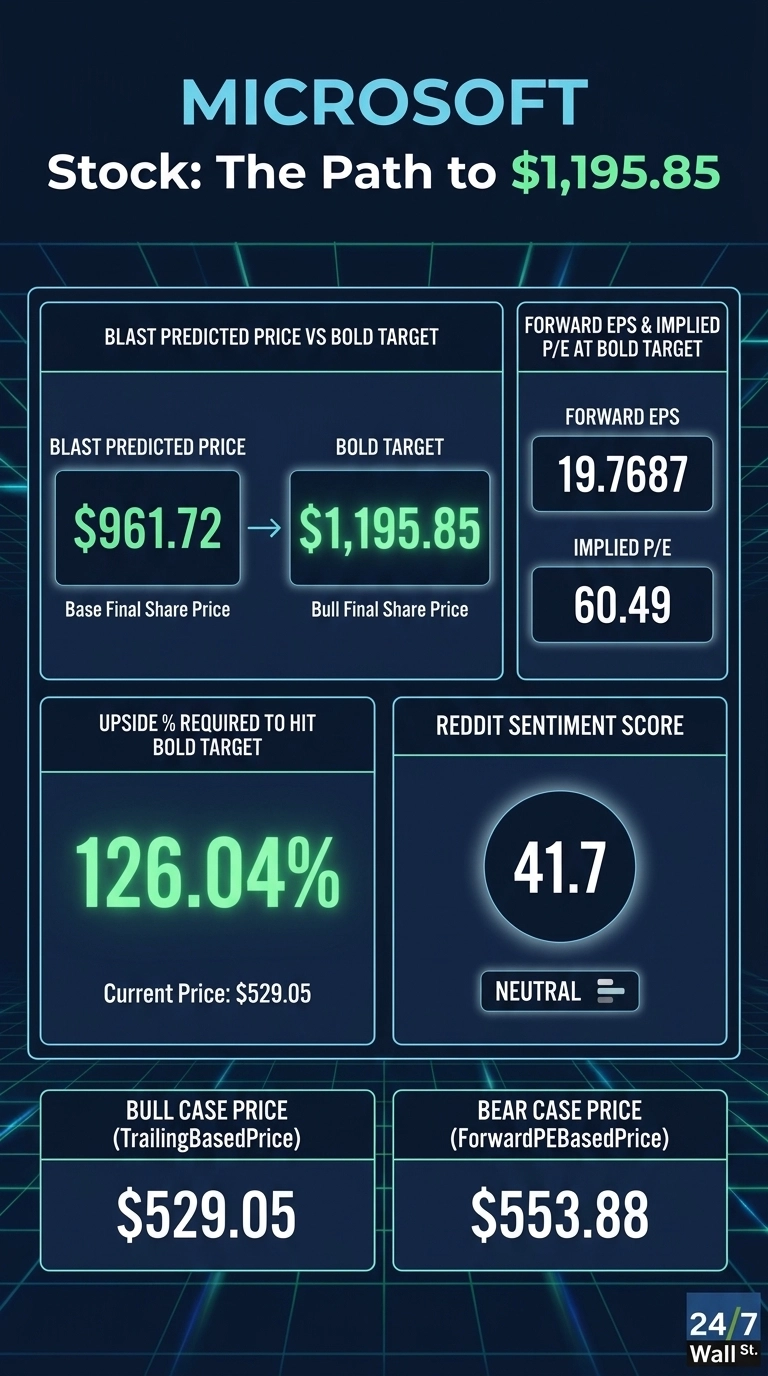 An infographic titled 'MICROSOFT Stock: The Path to $1,195.85' on a dark blue background with a subtle grid pattern. Key sections display financial data: 'BLAST PREDICTED PRICE VS BOLD TARGET' shows '$961.72' (Base Final Share Price) pointing to '$1,195.85' (Bull Final Share Price). 'FORWARD EPS & IMPLIED P/E AT BOLD TARGET' lists Forward EPS as '19.7687' and Implied P/E as '60.49'. 'UPSIDE % REQUIRED TO HIT BOLD TARGET' is '126.04%', with the Current Price at '$529.05'. 'REDDIT SENTIMENT SCORE' is '41.7', categorized as 'NEUTRAL'. At the bottom, 'BULL CASE PRICE (TrailingBasedPrice)' is '$529.05' and 'BEAR CASE PRICE (ForwardPEBasedPrice)' is '$553.88'. The bottom right corner shows the '24/7 Wall st.' logo.