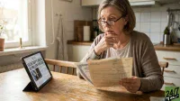 An older woman with short gray hair and glasses sits at a wooden table, looking intently at several paper documents she holds in her hands. Her left hand is resting near her chin in a contemplative pose. To her left, a black tablet in a stand displays a news article with the headline 'NEWS SECRETARY'S HIDDEN $9 MILLION FORTUNE'. The background shows a bright kitchen with a window and white cabinets.
