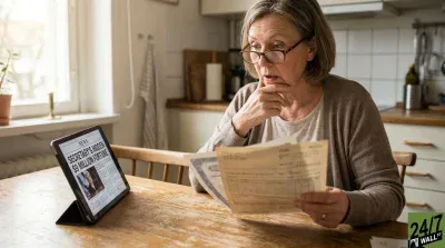 An older woman with short gray hair and glasses sits at a wooden table, looking intently at several paper documents she holds in her hands. Her left hand is resting near her chin in a contemplative pose. To her left, a black tablet in a stand displays a news article with the headline 'NEWS SECRETARY'S HIDDEN $9 MILLION FORTUNE'. The background shows a bright kitchen with a window and white cabinets.