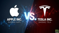 A graphic depicting a showdown between Apple Inc. and Tesla Inc. On the left, the white Apple logo and text 'APPLE INC. NASDAQ: AAPL' are against a dark blue background with faint blue stock charts. On the right, the white Tesla logo and 'TESLA INC. NASDAQ: TSLA' are against a dark red background with faint red stock charts. A glowing blue and red 'VS.' symbol with lightning effects separates the two companies in the center.