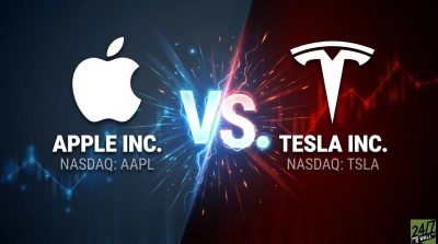 A graphic depicting a showdown between Apple Inc. and Tesla Inc. On the left, the white Apple logo and text 'APPLE INC. NASDAQ: AAPL' are against a dark blue background with faint blue stock charts. On the right, the white Tesla logo and 'TESLA INC. NASDAQ: TSLA' are against a dark red background with faint red stock charts. A glowing blue and red 'VS.' symbol with lightning effects separates the two companies in the center.