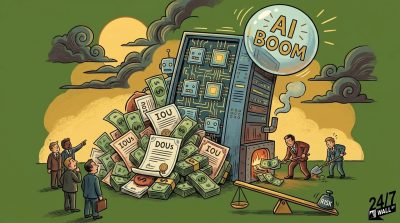 A satirical illustration showing businessmen shoveling cash into a furnace to power a giant AI machine, surrounded by piles of IOUs and a scale tipped by financial risk.