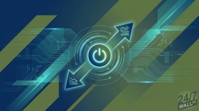 A digital illustration of a glowing power icon with upward and downward arrows over a circuit board background.