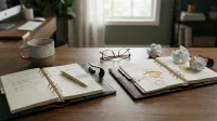An overhead shot of a wooden desk with two open ring-bound planners. The left planner, open to 'OCTOBER,' is neat with handwritten notes and a gold pen. The right planner, open to 'DECEMBER,' is stained with coffee, has a date circled in red, and is surrounded by crumpled white papers. A two-tone coffee mug, reading glasses, and a blurry office background are also visible.