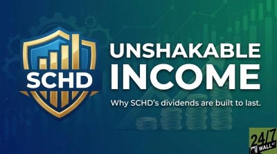 A graphic featuring a blue and gold shield with the letters "SCHD" and an upward-trending bar chart. Large white text reads "UNSHAKABLE INCOME" above smaller text that says "Why SCHD's dividends are built to last." The background shifts from dark blue to green, displaying faint gears, financial candlestick charts, and upward arrows, with stacks of silver coins in the bottom right corner. A '24/7 WALL ST' logo is also visible in the bottom right.