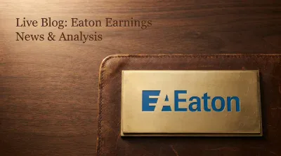 A close-up shot of a wooden surface, with a brown leather accent on the right. Embedded in the leather is a rectangular brass plaque with the word 'EATON' cut out, revealing a bright blue background. Above the plaque, the words 'Live Blog: Eaton Earnings News & Analysis' are lightly embossed or carved into the wood surface.