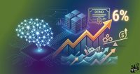 A digital graphic combining elements of AI technology like a glowing brain and servers with financial symbols like a 6 percent bond certificate and a ship on stormy seas.