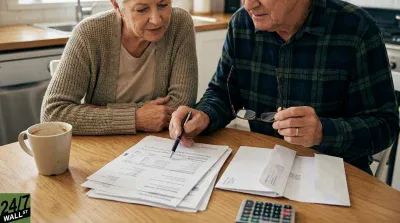 A close-up shot of an older Caucasian couple sitting at a light wooden kitchen table. The man, on the right, wears a dark green and blue plaid shirt and holds reading glasses in his left hand while pointing with a pen at a stack of white papers on the table. The woman, on the left, wears a light brown knit cardigan and beige top, looking at the documents with a focused expression. A white mug with coffee stains and a calculator are also visible on the table, with a modern kitchen in the blurred background.
