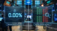 Two glowing blue digital displays are shown against a blurred background of a financial trading floor. The left display shows a large '0.00%' with a padlock icon above it and the text 'MEDIAN SPREAD (30-DAY)' below. The right display presents a table with 'BID' and 'ASK' columns, listing various prices such as '425.10' and '425.15' in green and red, respectively, with a magnifying glass icon highlighting the spread difference. This display also has 'MEDIAN SPREAD (30-DAY)' at the bottom.