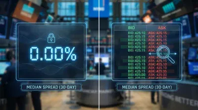 Two glowing blue digital displays are shown against a blurred background of a financial trading floor. The left display shows a large '0.00%' with a padlock icon above it and the text 'MEDIAN SPREAD (30-DAY)' below. The right display presents a table with 'BID' and 'ASK' columns, listing various prices such as '425.10' and '425.15' in green and red, respectively, with a magnifying glass icon highlighting the spread difference. This display also has 'MEDIAN SPREAD (30-DAY)' at the bottom.