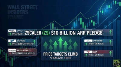 A financial graphic with a dark blue background featuring green upward trending lines and candlestick charts. The prominent text states "ZSCALER (ZS) $10 BILLION ARR PLEDGE" and "PRICE TARGETS CLIMB ACROSS WALL STREET" with multiple large green upward arrows. Several translucent boxes display financial firms and their price targets: Cantor Fitzgerald with Target $275 (Overweight), Stephens with Target $265 (Overweight), Morgan Stanley with Target $185 (Equal Weight), Canaccord with Target $250 (Buy), and BofA with Target $240 (Buy). Most targets are accompanied by green upward arrows, except for Morgan Stanley's, which is red. The top left corner reads "WALL STREET INSIDERS FRAME" and the bottom right has the "24/7 WALL ST" logo.