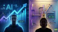 A split image. On the left, a blurred Mark Zuckerberg stands before a blue digital interface showing 'AI', a world map, rising bar graphs, and 'META MUSE LAUNCH +$8.37B'. On the right, a blurred Nikolay Storonsky is in front of a silver vault door with a golden padlock, and a digital screen displaying '$115 BILLION VALUATION UPDATE +$9.308' and 'REVOLUT PRIVATE VALUATION'. A '24/7 Wall St' logo is at the bottom right.